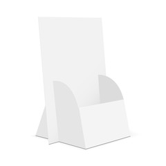 Cardboard brochure display stand. Flyer holder mockup isolated on white background. Vector illustration