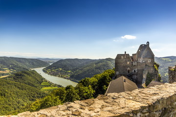 View of historic Aggstein castle ruin on the Danube river. Lower Austria.