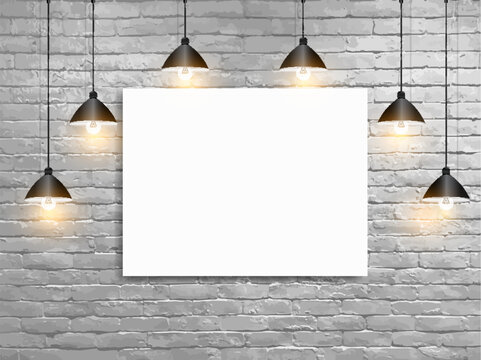 Vector Mock up poster with ceiling lamps white brick wall, Loft workspace concept
