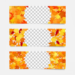 Autumn web banners for sites, advertisement and promotion. Frames with yellow and orange leaves