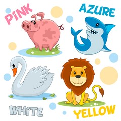 Naklejka premium A set of cartoon illustrations of wild and domestic animals, birds and reptiles for children and design, a pink pig, azure tooth-toothed shark, a beautiful white swan and a yellow lion.