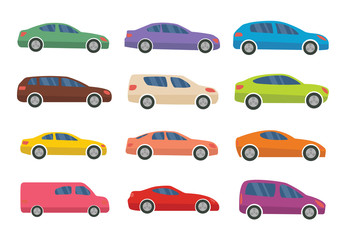 Set of twelve multicolored cars on a white background. Vector illustration.
