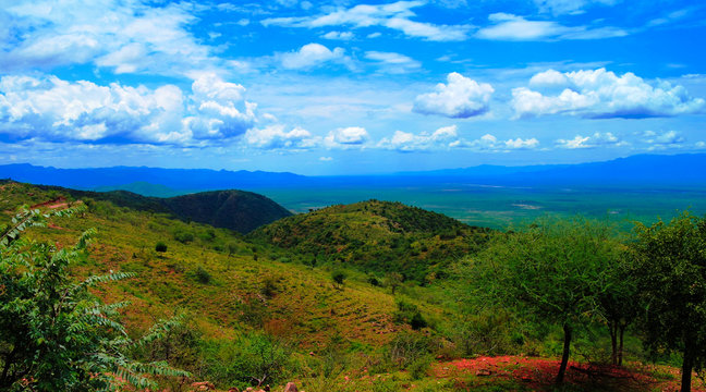Aerial panoramic view to Stephanie Wildlife Sanctuary and weito valley, Karat Konso, Ethiopia