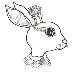 Sketch graphic illustration rabbit with mystic and occult hand drawn symbols. Vector illustration. Astrological and esoteric concept. Old Fashion Tattoos.