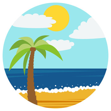 Natural cartoon landscape in circle. Vector illustration in the flat style with palm in the summer beach.
