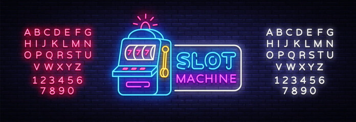Slot Machine neon sign vector. Casino Design template neon sign, Slot Machine light banner, neon signboard, modern trend design, nightly bright advertising. Vector. Editing text neon sign