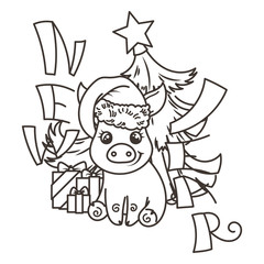 Happy New 2019 Year card with cartoon baby pig. Small symbol of holiday.