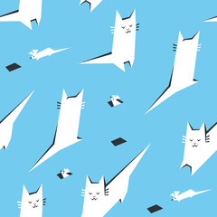 Seamless pattern with white cats are hunting funny mice.