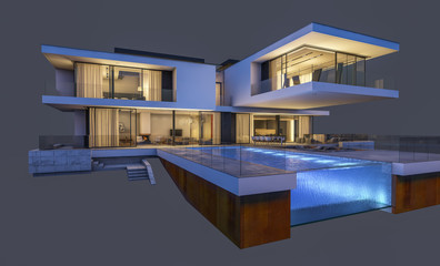 3d rendering of modern house at night isolated on gray.