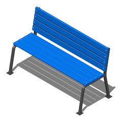 Синяя уличная скамейка из деревянных реек на металлических опорах, векторный изометрический рисунок на белом фоне с тенью
