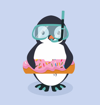 Cute Penguin cartoon with Donut Pool Float