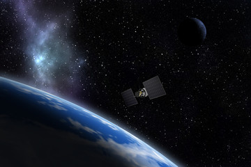Spacecraft flying near unknown planet. Space exploration. 3d illustration.