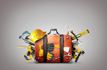 Construction tools and helmet in a bag