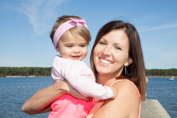 cute child girl with mother portrait in beach during vacation