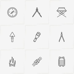 Tourism line icon set with compass, bonfire and flashlight