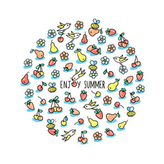 Enjoy summer hand drawn greeting card with cute little birds and fruits.