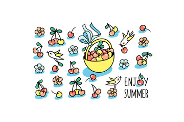 Enjoy summer hand drawn greeting card with cute little birds and cherry fruits.