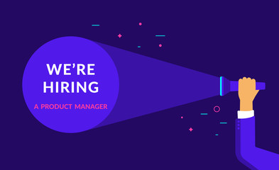 We are hiring a product manager flat vector neon illustration for ui ux web and mobile design with text copy space. Employment recruitment business concept for hr announcement and business hire