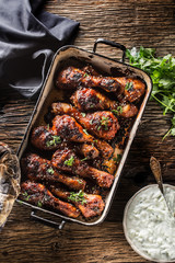 Grilled roasted and barbecue chicken legs in pan