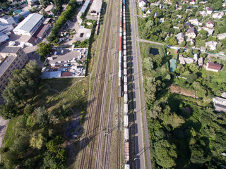 railway, trains with wagons, view from above