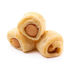 Tasty mini sausage in Fresh hot crusty bread rolls isolated on white