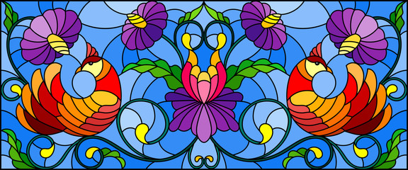 Illustration in stained glass style with a pair of abstract red birds ,purple flowers and patterns on a blue  background , horizontal image