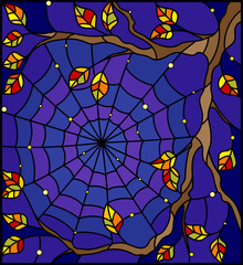 Illustration in stained glass style with cobwebs on the branches of a tree against the starry night sky