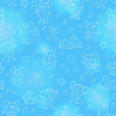 Seamless pattern with funny cartoon contour mouses ,the  white outline on a blue background