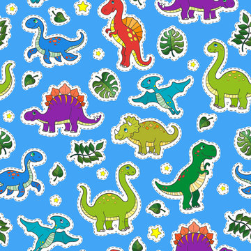 Seamless pattern with colorful dinosaurs and leaves,patch icons on blue background