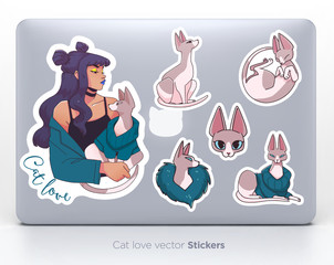 Sticker set with cute girl and cats. Vector illustration