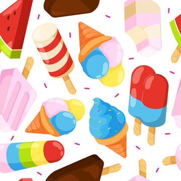 Ice cream seamless pattern. Colored cartoon pictures of ice cream