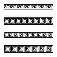 Seamless meander patterns on white background. Meandros, a decorative border, made of continuous lines, shaped into a repeated motif. Also Greek fret or Greek key. Black and white illustration. Vector