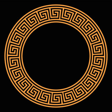 Ring with seamless meander pattern on black background. Orange meandros, a decorative border, made of lines, shaped into a repeated motif and design. Also Greek fret or Greek key. Illustration. Vector