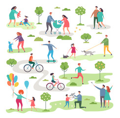 Naklejka premium Outdoor activism in urban park. Bicycle riders and walking peoples