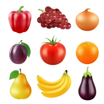 Realistic vector pictures of fresh fruits and vegetables