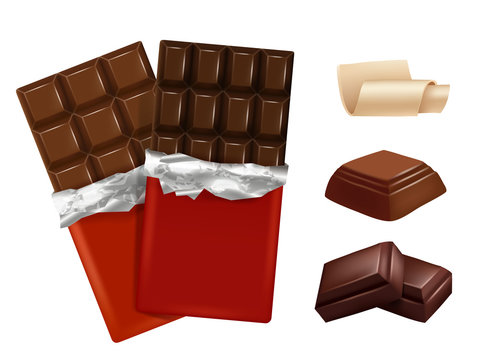 White And Dark Chocolate. Vector Pictures Of Different Pieces Of Chocolate