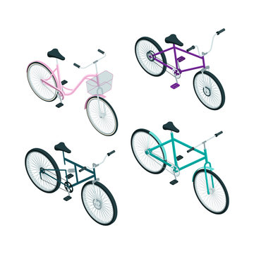 Isometric bikes. Vector 3d pictures of transport