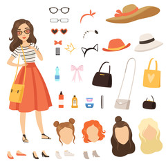 Clothing of fashionable girl. Cartoon female character with various fashion accessories and clothes