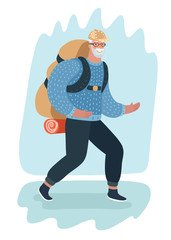 Old man is traveling with backpack.