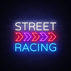 Street Racing Night Neon Logo Vector. Racing neon sign, design template, modern trend design, sports neon signboard, night bright advertising, light banner, light art. Vector illustration