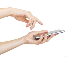 Female hand holding smartphone and pointing with figer isolated on white background. Woman hand holding device and touching screen.