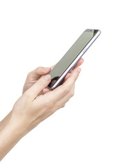 Woman hand holding smartphone isolated on white background.