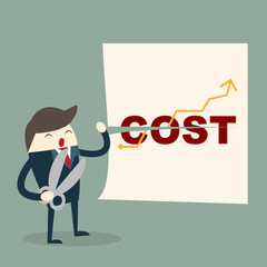 Cost reduction concept. Cost down. Businessman with his hand cut the arrow of the graph. Vector illustration flat design. Decrease down cost. Declining chart.