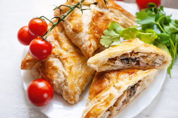 Homemade puff pastry with chicken and mushroom