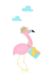 Travel flamingo paper cut on white background - isolated