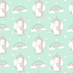 cute cartoon lovely seamless vector pattern background illustration with unicorns and rainbows