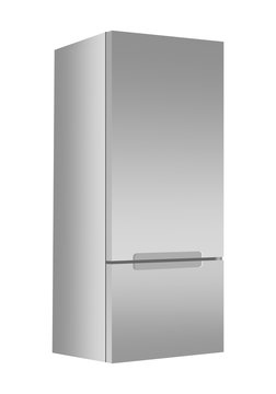 Silver refrigerator with freezer on white background. Modern 3d fridge with door. Home kitchen electrical appliance.