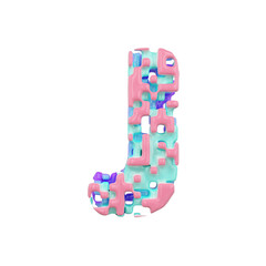 Alphabet letter J uppercase. Geometric font made of cubic blocks. 3D render isolated on white background.