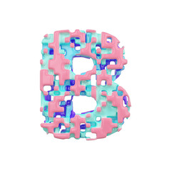 Alphabet letter B uppercase. Geometric font made of cubic blocks. 3D render isolated on white background.