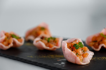 Salmon tartar on a tray